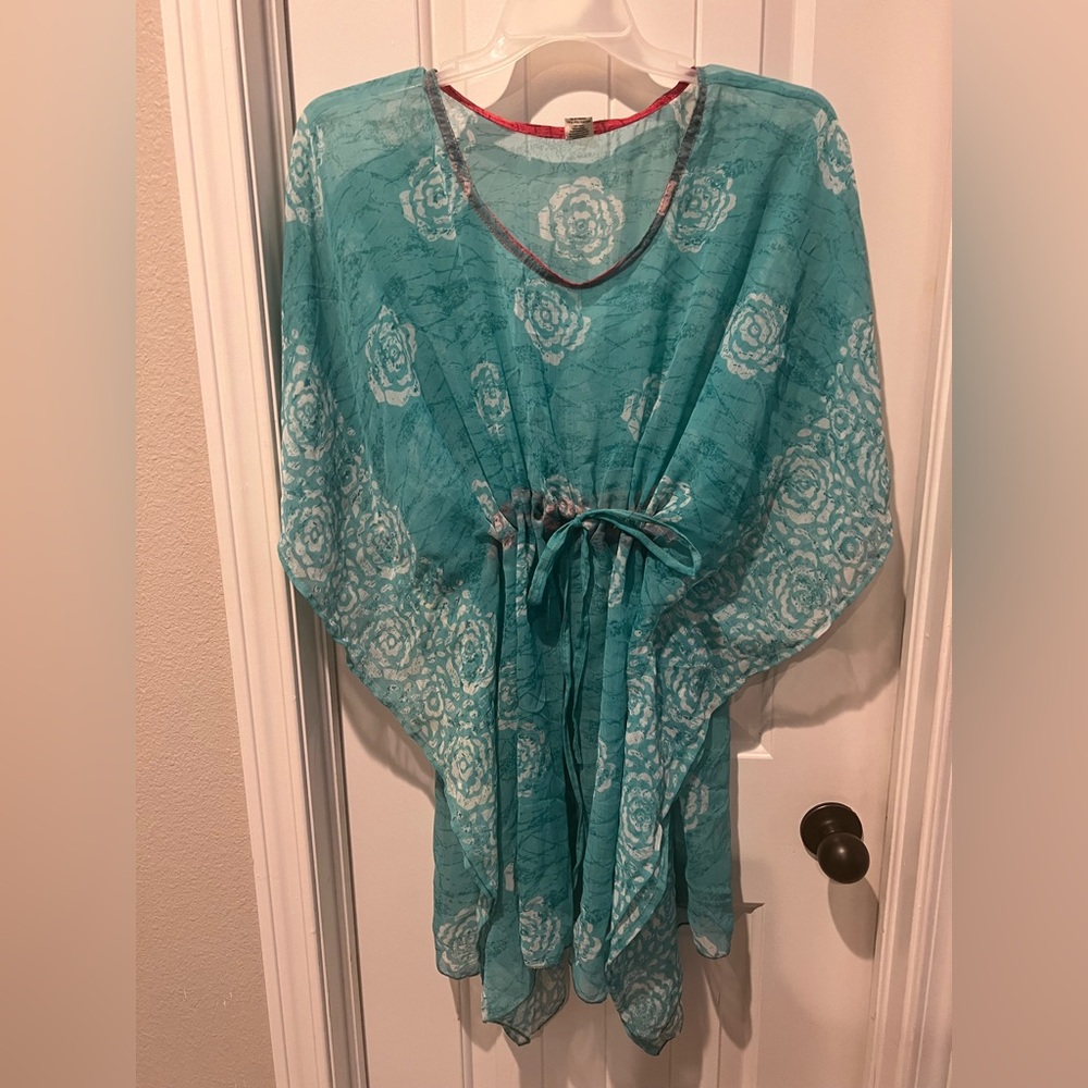 Teal blue green and white with orange trim Floral Women Swim Coverup